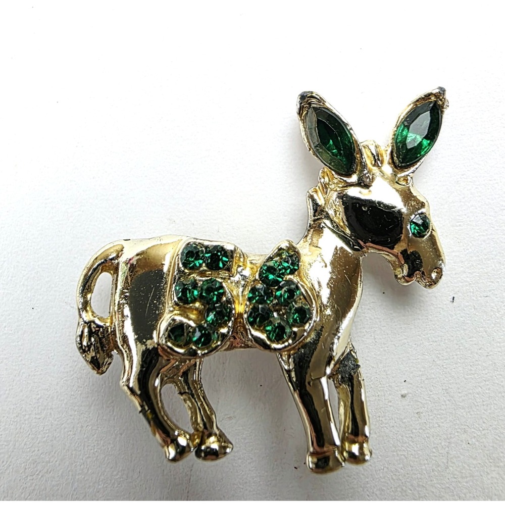 Vintage 56 Democratic Party Donkey Mule Gold Tone Green Rhinestone Lapel Pin